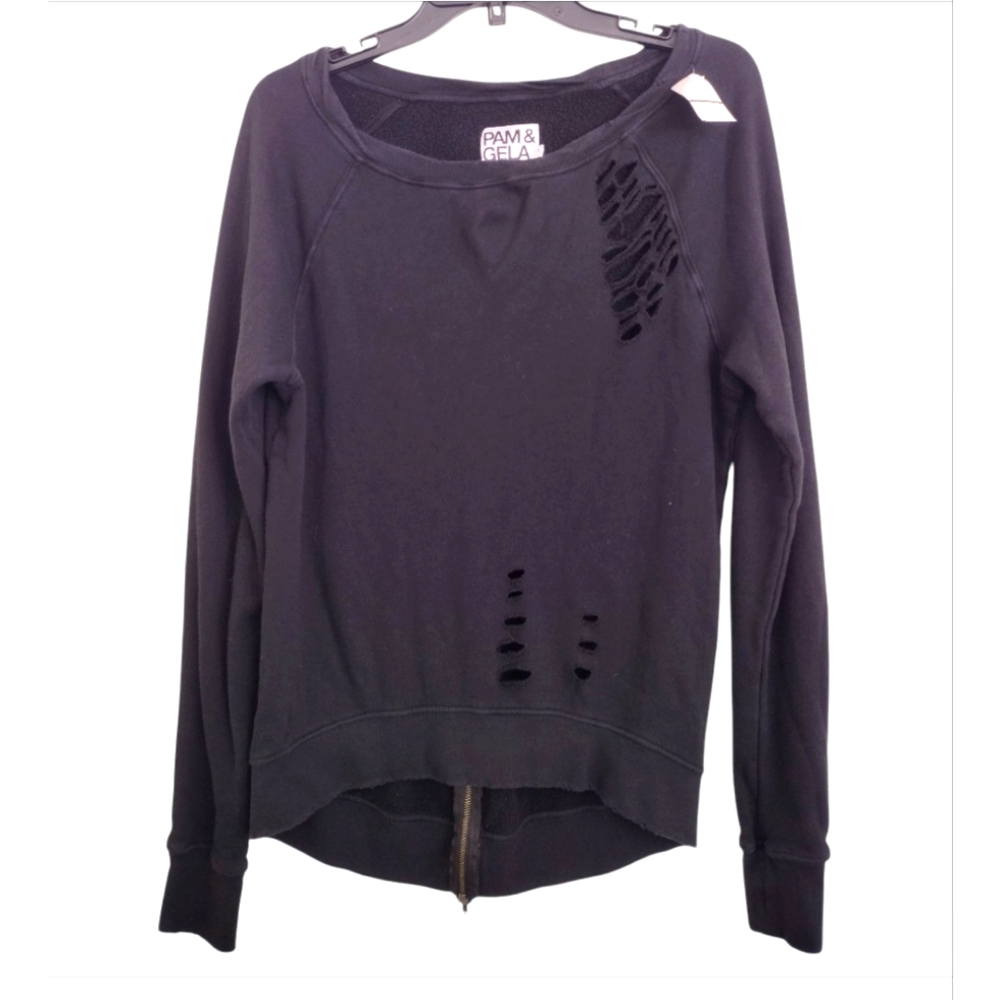 Pam & Gela Black Distressed Sweatshirt Zipper Back Size Small